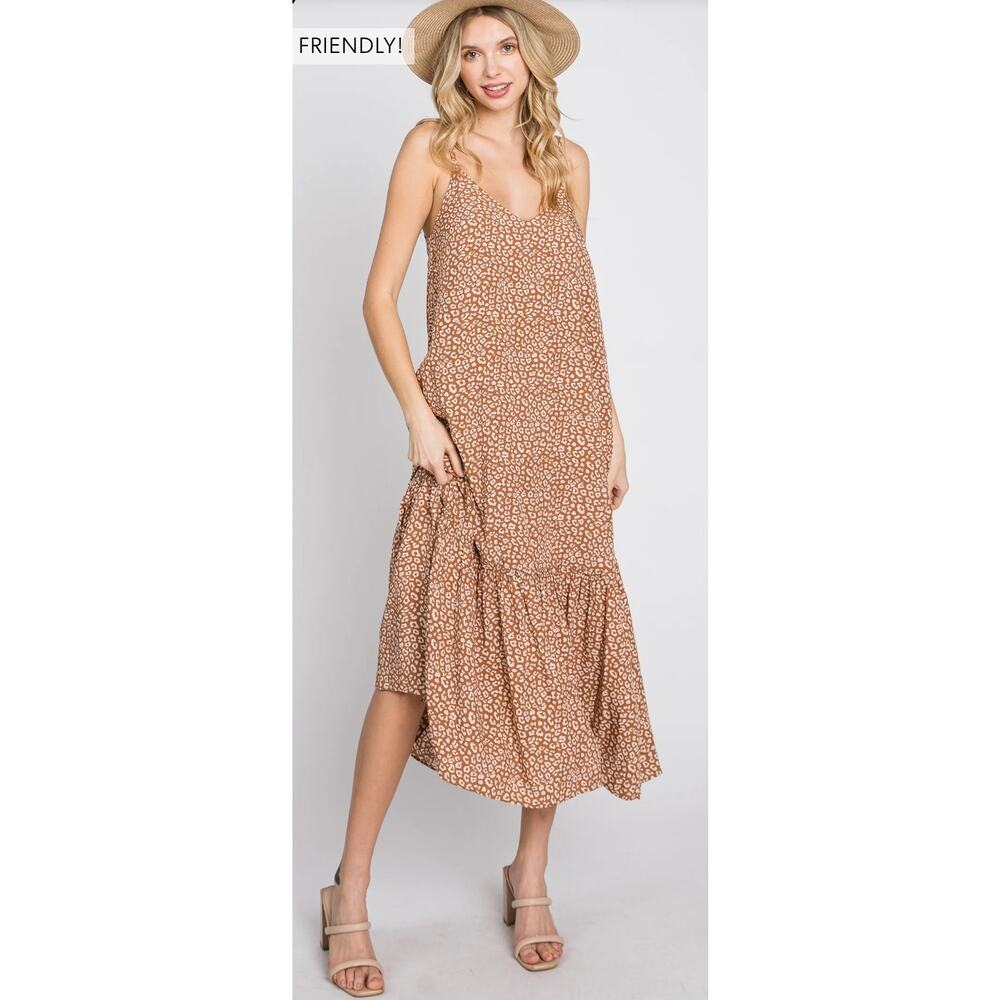 Sleeveless Cheetah Print Midi Dress Ruffle Womens Medium Pockets Flowy Cottage